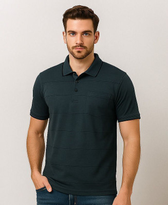 Fabc Self Design Men Polo Neck Blue T-Shirt