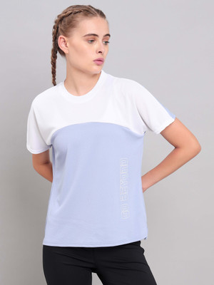 TECHNOSPORT Colorblock Women Round Neck Light Blue, White T-Shirt