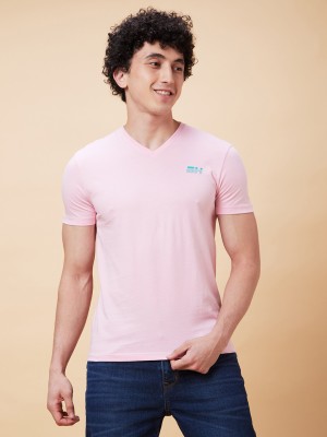 BEING HUMAN Solid Men V Neck Pink T-Shirt