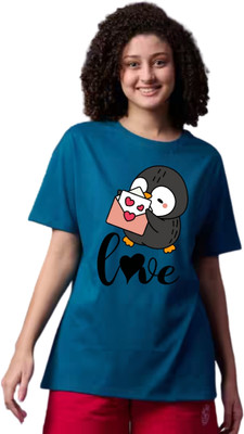 ALPHINE Printed Women Round Neck Blue T-Shirt