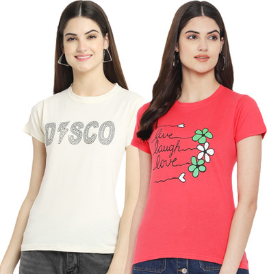 Fabflee Printed Women Round Neck Beige, Pink T-Shirt