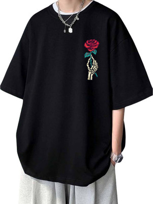 MIT Bharat Printed, Floral Print Men Round Neck Black T-Shirt