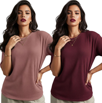 VDTREND Solid, Self Design Women Round Neck Maroon T-Shirt