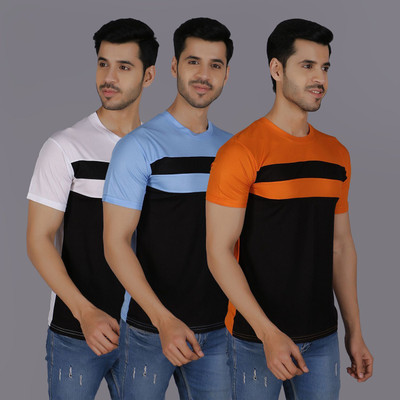 PICKURTEE Colorblock Men Round Neck White, Light Blue, Orange T-Shirt