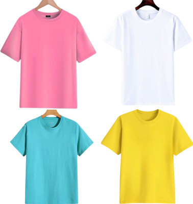 TTFE Solid Men Round Neck White, Light Blue, Yellow, Pink T-Shirt