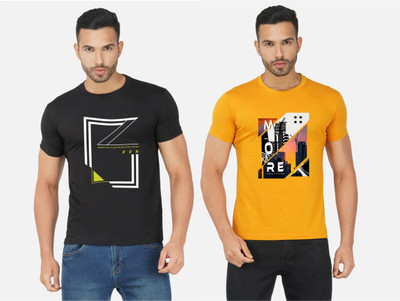 GLOBAL NOMAD Printed Men Round Neck Yellow, Black T-Shirt
