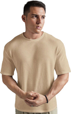 Jump Cuts Self Design Men Round Neck Beige T-Shirt