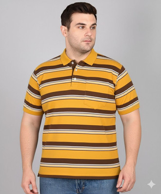 INKKR Striped Men Polo Neck Yellow T-Shirt