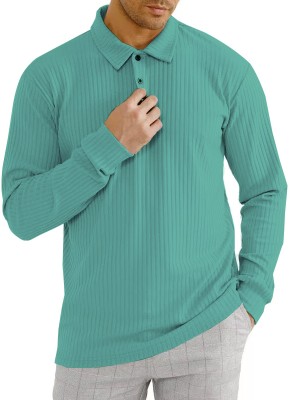 Madfrog Striped Men Polo Neck Green T-Shirt