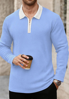 KAJARU Colorblock Men Zip Neck Blue T-Shirt