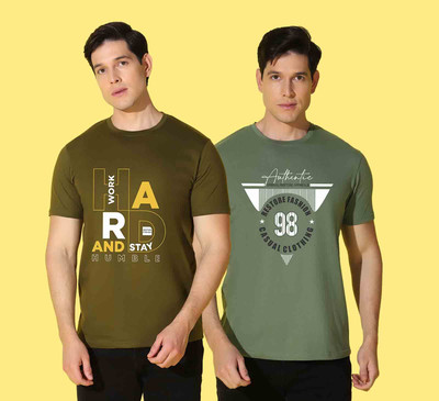 WOOSTRO Typography Men Round Neck Grey, Green T-Shirt
