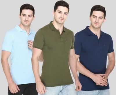 White Moon Solid Men Polo Neck Light Blue, Dark Green, Navy Blue T-Shirt