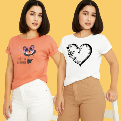 Kintu Parantu Printed Women Round Neck Pink, White T-Shirt