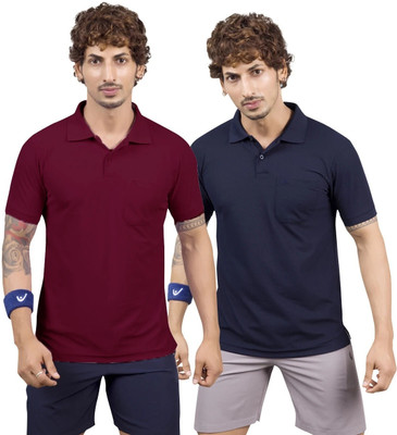 m2hit Solid Men Round Neck Maroon, Navy Blue T-Shirt
