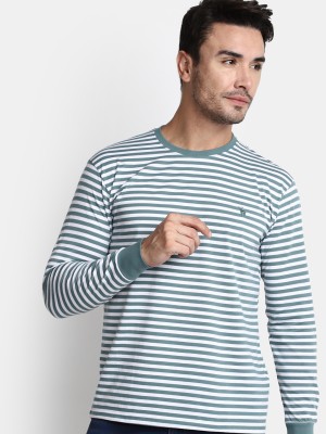 V-MART Striped Men Round Neck Green T-Shirt