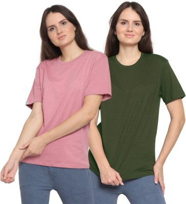 YouthPoi Solid Women Round Neck Pink, Green T-Shirt