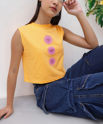 Dressberry Printed Women Round Neck Yellow T-Shirt