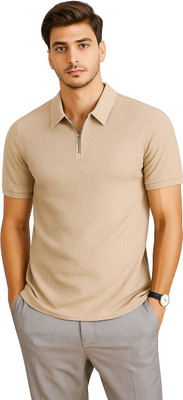 R ROCKIN TEES Self Design Men Zip Neck Beige T-Shirt