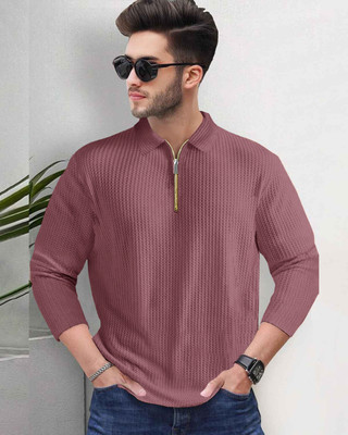 HOODLER Solid Men Polo Neck Pink T-Shirt