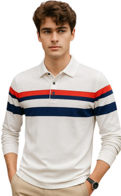 FAOES Striped Men Round Neck White T-Shirt