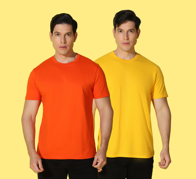 WOOSTRO Printed Men Round Neck Yellow, Orange T-Shirt