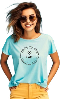 The Witty Curls Printed Women Round Neck Blue T-Shirt
