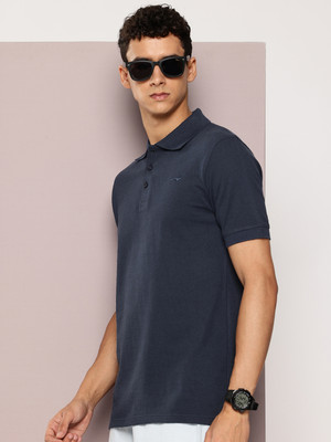 FROSEN FOX Solid Men Polo Neck Navy Blue T-Shirt