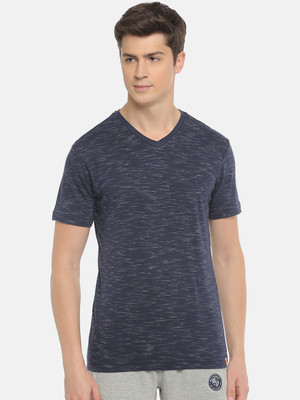 Macroman M-Series Self Design Men V Neck Navy Blue T-Shirt