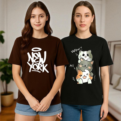 Elvia Graphic Print Women Round Neck Black, Brown T-Shirt