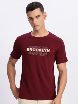ADRO Printed Men Round Neck Maroon T-Shirt