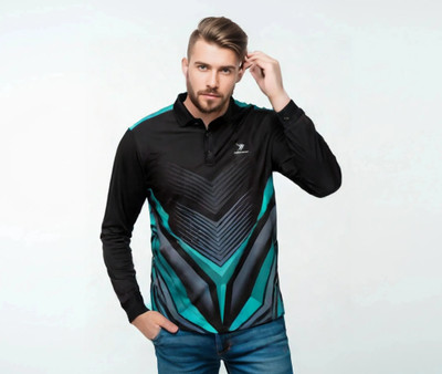 lookswala Geometric Print, Graphic Print Men Polo Neck Black T-Shirt