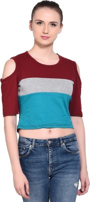 GEUM Striped Women Round Neck Maroon, Blue, Grey T-Shirt