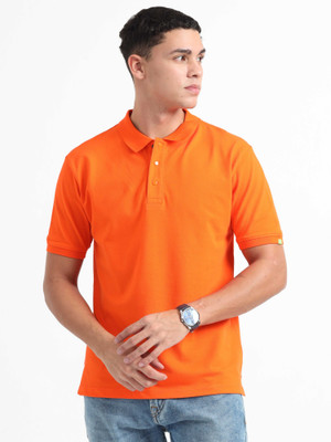 Caslay Solid Men Polo Neck Orange T-Shirt