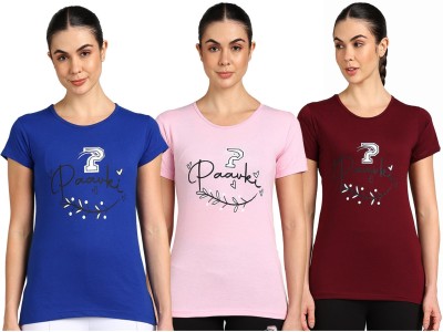 Paavki Printed Women Round Neck Blue, Pink, Maroon T-Shirt