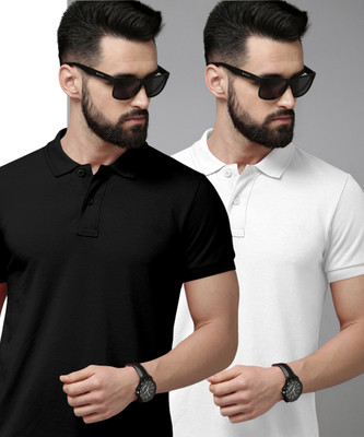 METRONAUT Solid Men Polo Neck Black, White T-Shirt