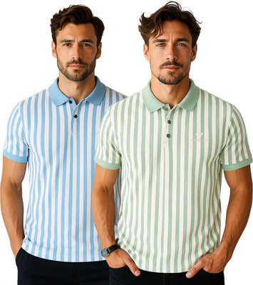WILD ELEPHANT Striped Men Polo Neck Green, Light Blue T-Shirt
