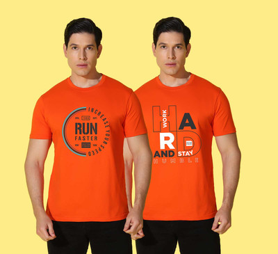 WOOSTRO Printed Men Round Neck Orange T-Shirt