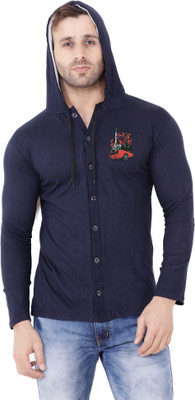 GEUM Printed Men Hooded Neck Dark Blue T-Shirt