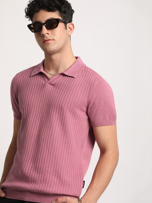 THE BEAR HOUSE Striped Men Polo Neck Pink T-Shirt