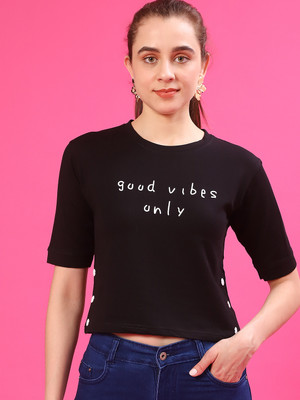 V-MART Printed Women Round Neck Black T-Shirt
