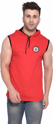GEUM Solid Men Hooded Neck Red T-Shirt