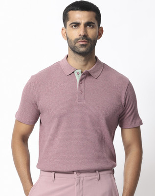 RARE RABBIT Self Design Men Polo Neck Pink T-Shirt