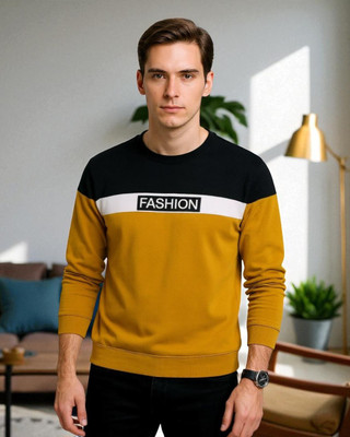 FASHIUM Colorblock Men Round Neck Yellow T-Shirt