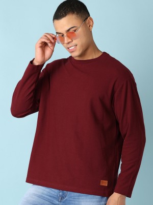 V-MART Solid Men Round Neck Maroon T-Shirt