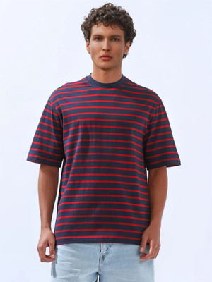 High Star Striped Men Round Neck Red, Grey T-Shirt