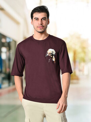 GLITO Printed Men Round Neck Brown T-Shirt