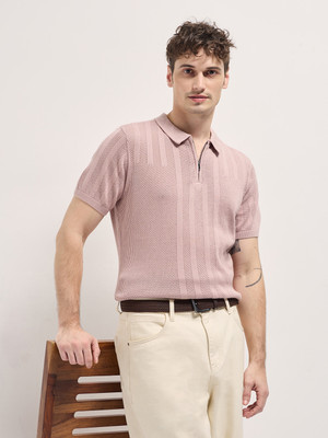 THE BEAR HOUSE Self Design, Striped Men Polo Neck Pink T-Shirt