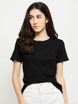 MAX Solid Women Round Neck Black T-Shirt
