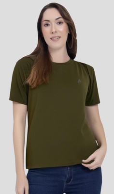 Adrenex Solid Women Round Neck Green T-Shirt