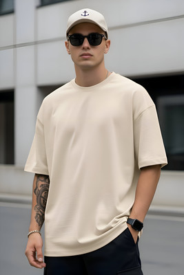 OneSail Solid Men Round Neck Beige T-Shirt